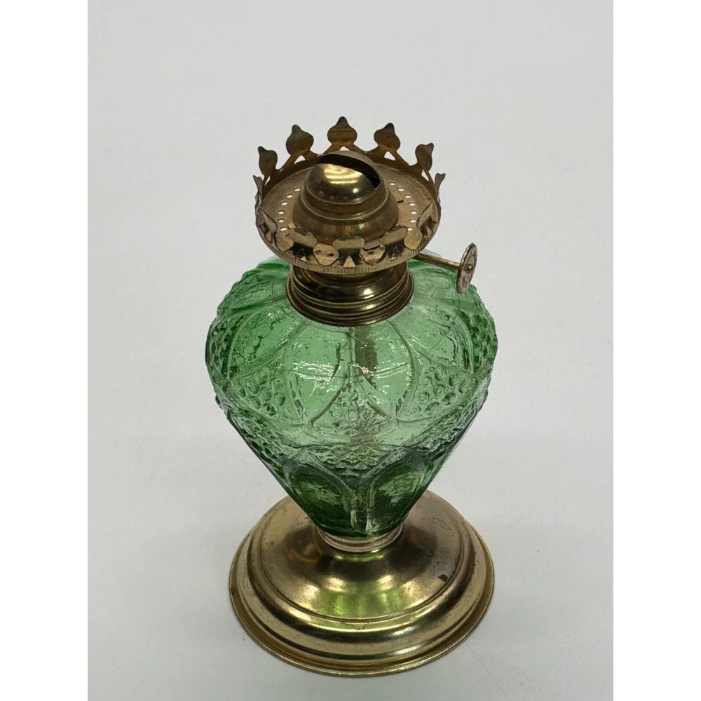 Vintage Green Pressed Glass Grape Pattern Oil Lamp Brass Base Made in Hong Kong